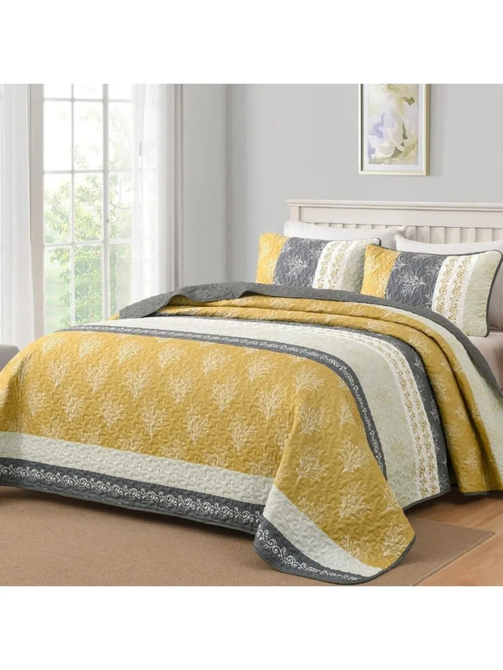 Boho Lightweight Queen Quilt Set, Striped Branch Bedspread in Yellow - Cozy